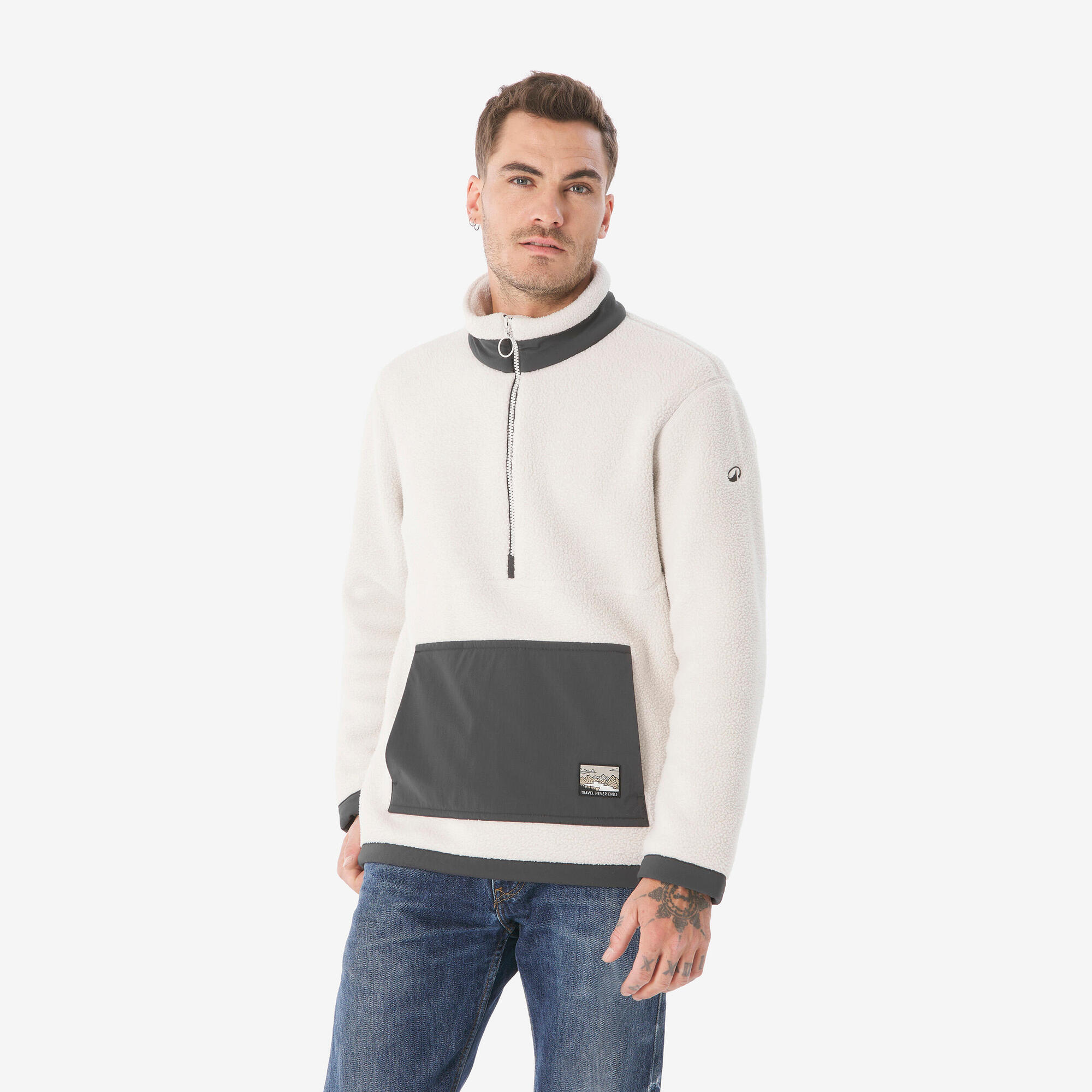 Blusa masculina sherpa para caminhadas em montanhas, MH100 1/2 zip bege