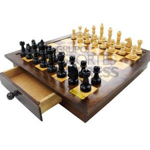 Tabuleiro Xadrez Luxo com Gavetas Integradas + Jogo de Xadrez em Madeira Nobre - Cód. 104
