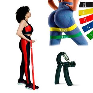 Kit 5 Elásticos Mini Band Faixa De Exercícios + Kit 4 Power Band + Hand Grip