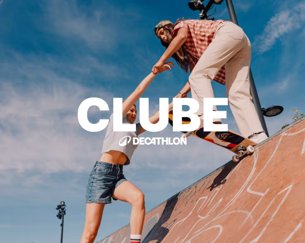 Clube Decathlon: Clube de fidelização de clientes. Homem e mulher brancos em pista de skate.