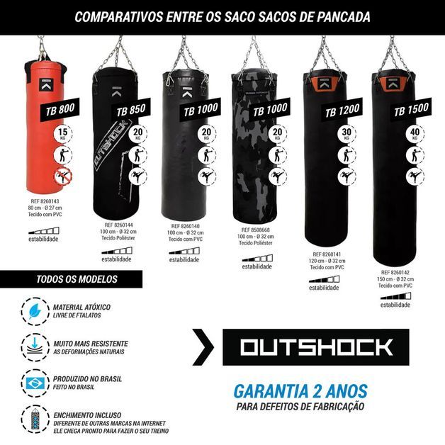 Saco de Pancada TB1500; 150 cm; 40kg; Tecido com PVC; 4 correntes; Outshock; 2 anos garantia