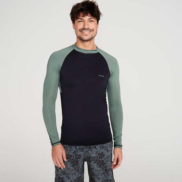 Camiseta Masculina de Surf e Bodyboard FPU50+ 500 Olaian, preta-verde, M