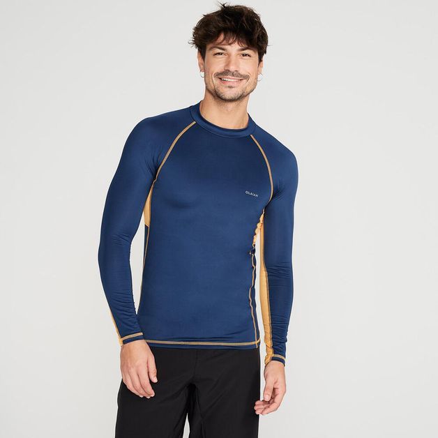 Camiseta Masculina de Surf e Bodyboard FPU50+ 500 Olaian, marinho-amarelo, G