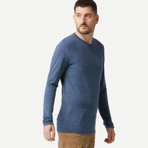 Camiseta masculina de trekking manga longa de lã merino Travel100, azul, GG