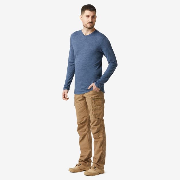 Camiseta masculina de trekking manga longa de lã merino Travel100, azul, GG
