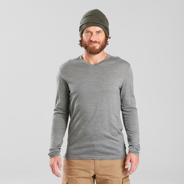 camiseta-masculina-de-trekking-manga-longa-de-la-merino-Travel100-caqui-GG