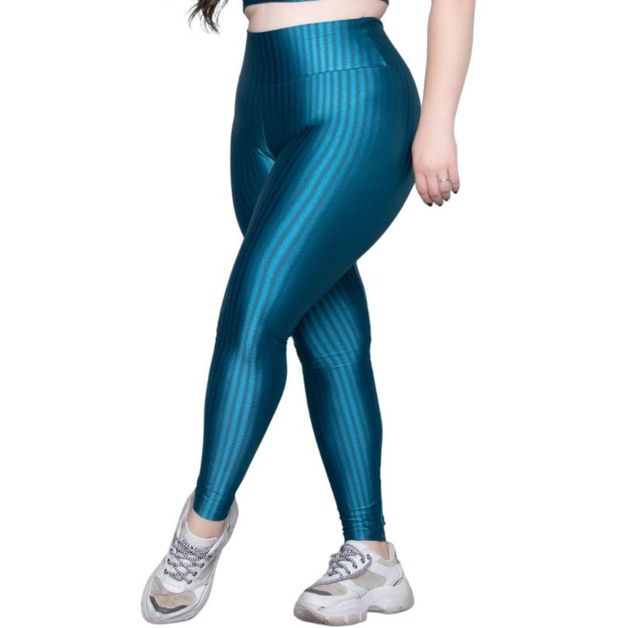 Calça Legging Plus Size Feminina Listras 3D Azul