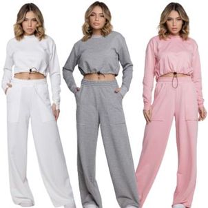 KIT 2 Conjunto Cropped Porquinho + Calça Wide Vekyo Cropeed Regulagem Calça Pantalona Moda Blogueira