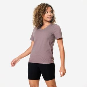 Camiseta Fitness Feminina de Algodão com Gola V - Marrom Escuro