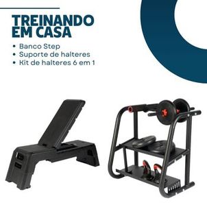 BANCO STEP + SUPORTE DE HALTERES + KIT DE HALTERES 50KG PRETO AHEAD