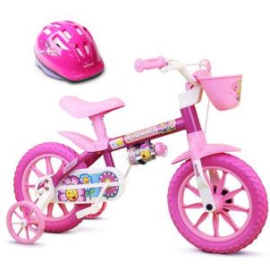 Bicicleta com Rodinha Aro 12 Infantil Menina Capacete Flower Nathor