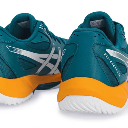 【y.】 Decathlon | Tênis Asics Gel Rocket 12 Verde e Laranja