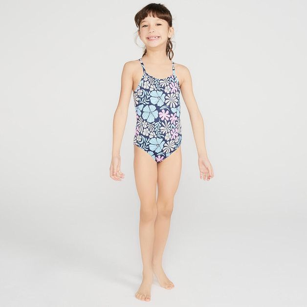 Maiô Infantil de Surf Cruzado, azul-floral, 5-6 ANOS