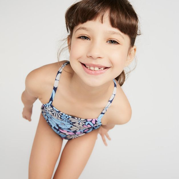 Maiô Infantil de Surf Cruzado, azul-floral, 5-6 ANOS
