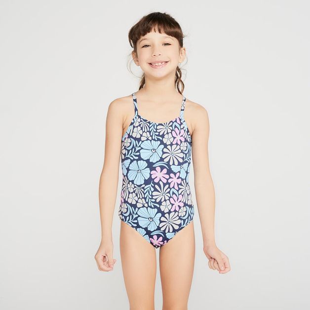 Maiô Infantil de Surf Cruzado, azul-floral, 5-6 ANOS