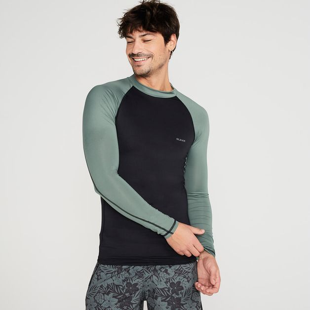 Camiseta Masculina de Surf e Bodyboard FPU50+ 500 Olaian, preta-verde, GG