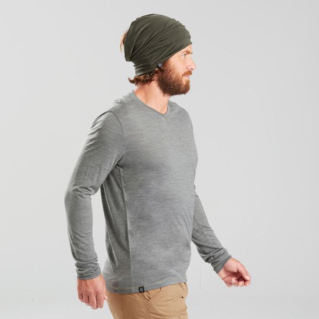 camiseta-masculina-de-trekking-manga-longa-de-la-merino-Travel100-caqui-GG